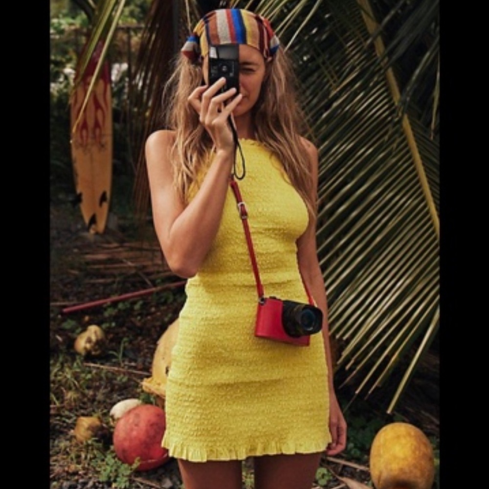 Free People Iyla Yellow Smocked Halter Mini Dress 🍋 NWOT